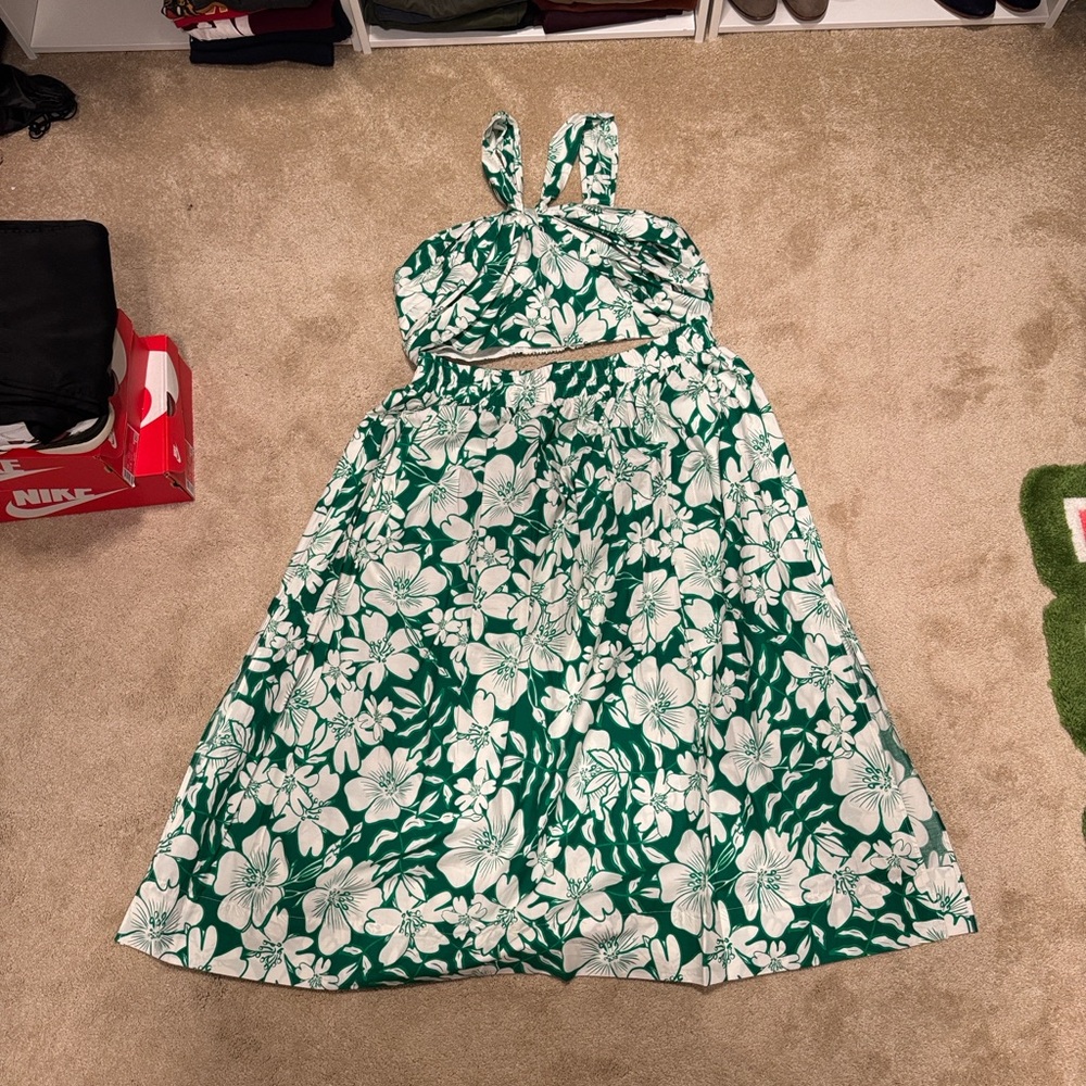 Eloquii Green and White Floral Maxi Skirt and Top